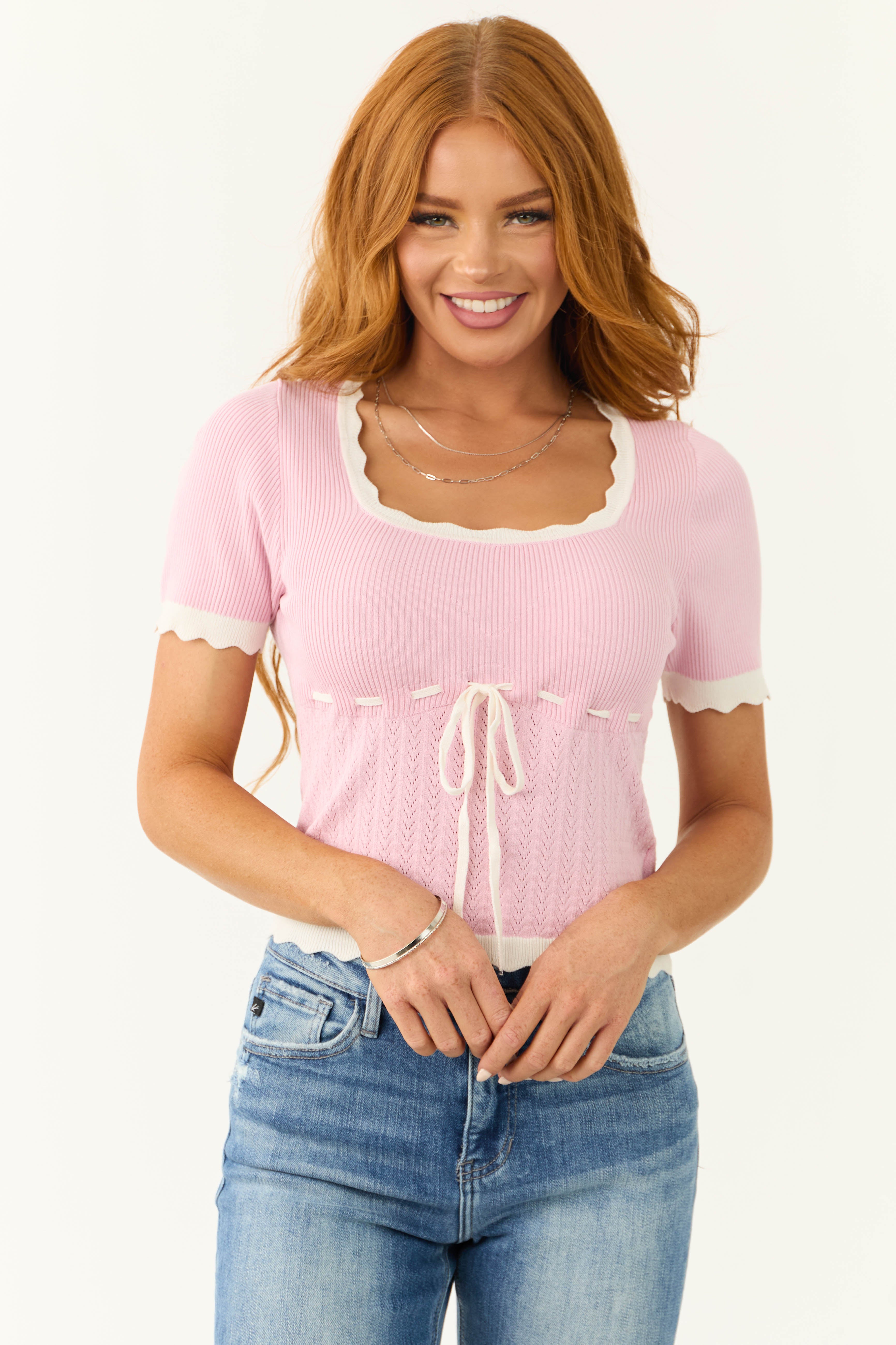 Baby Pink Square Neck Textured Knit Top