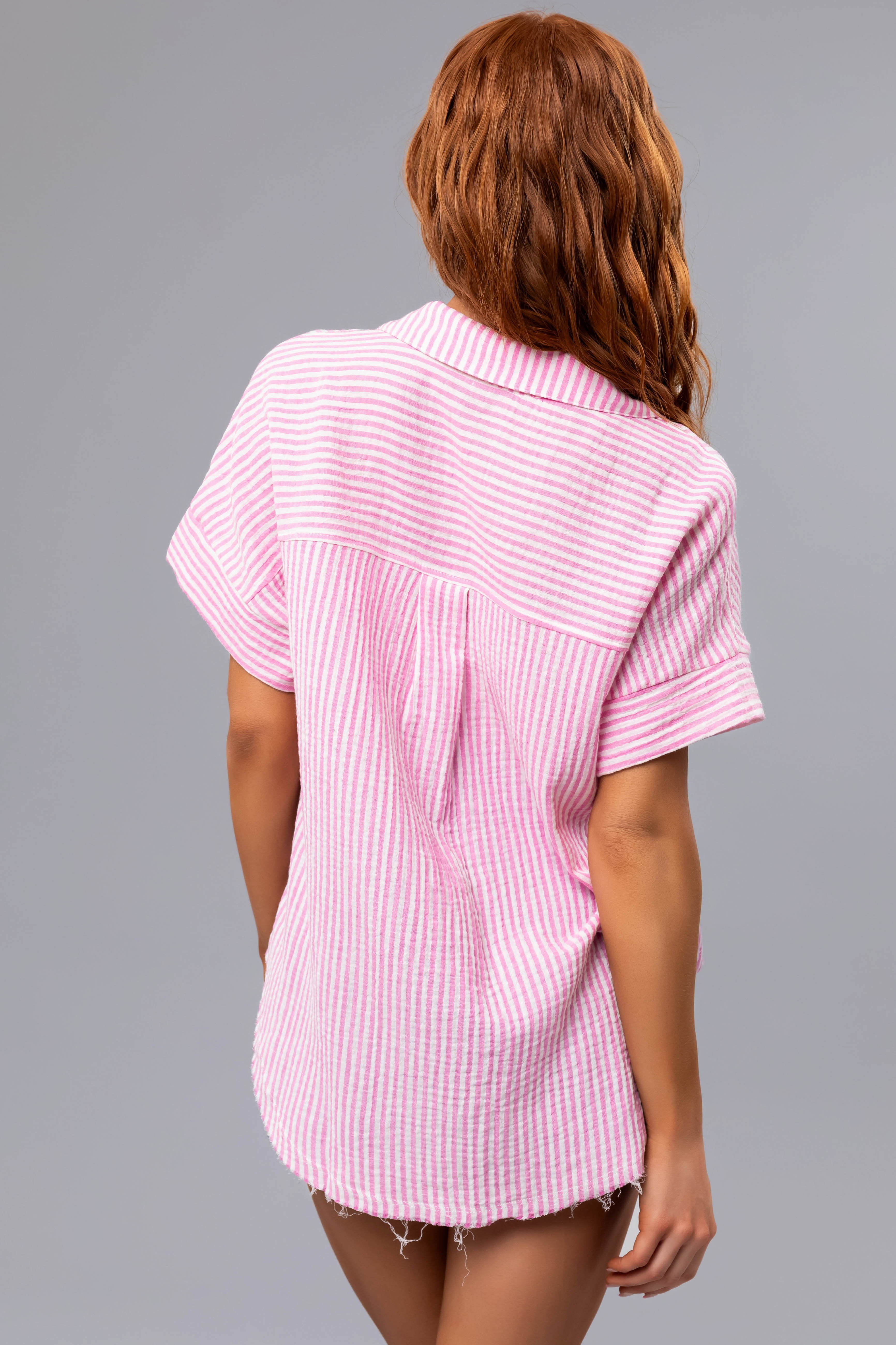 Baby Pink Striped Collared Short Sleeve Top