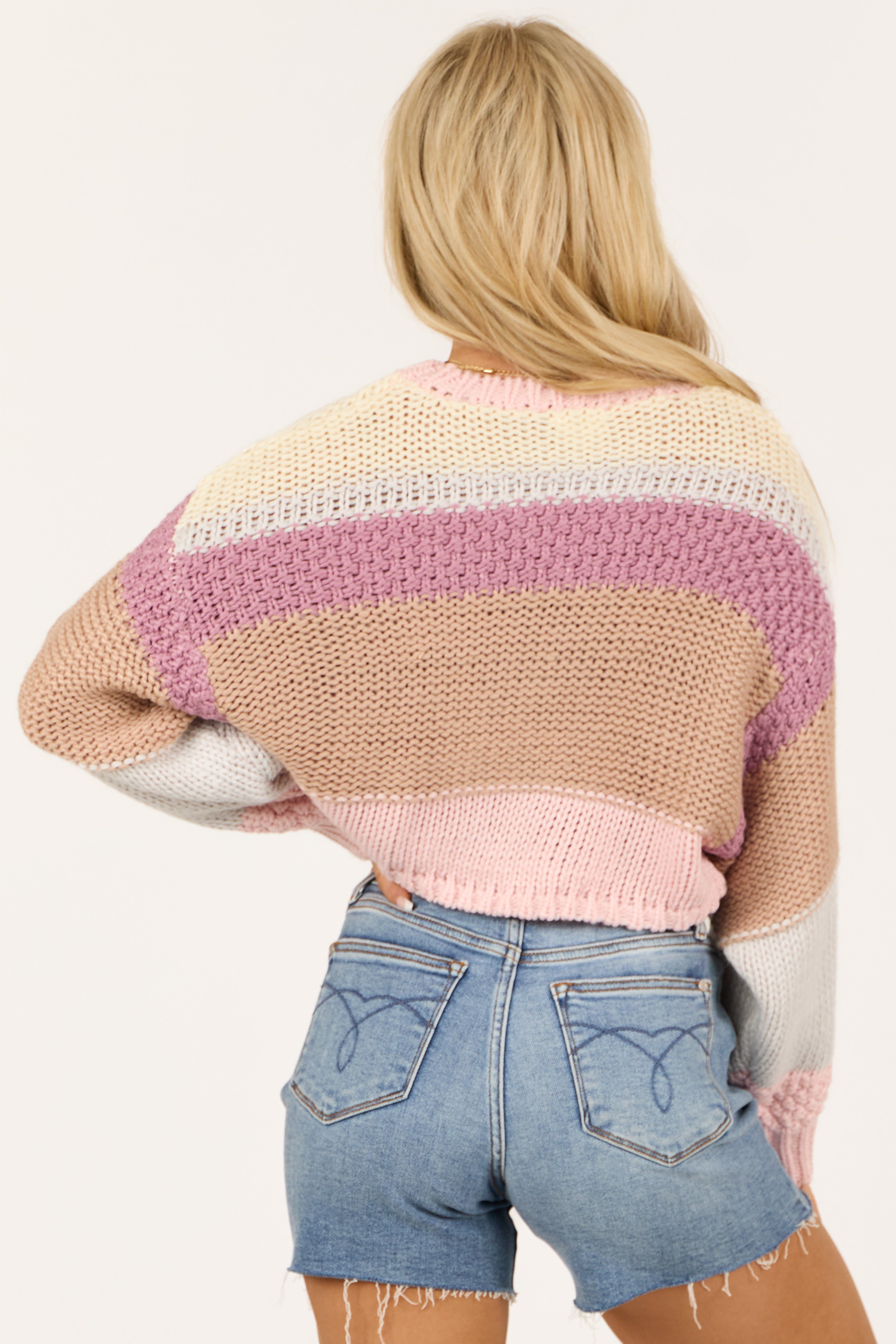 Baby Pink Striped Long Sleeve Cropped Sweater