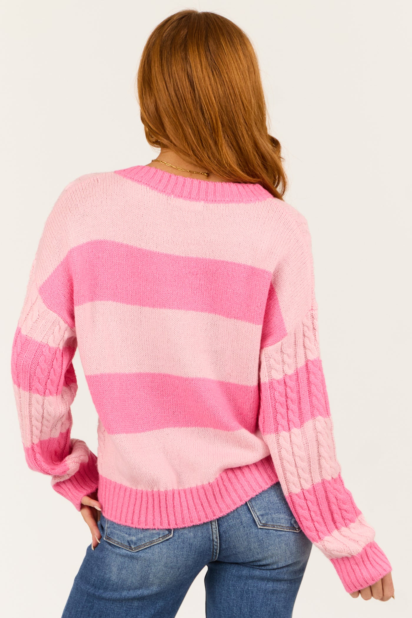 Baby Pink Striped V Neck Cable Knit Sweater