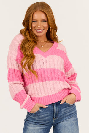 Baby Pink Striped V Neck Cable Knit Sweater