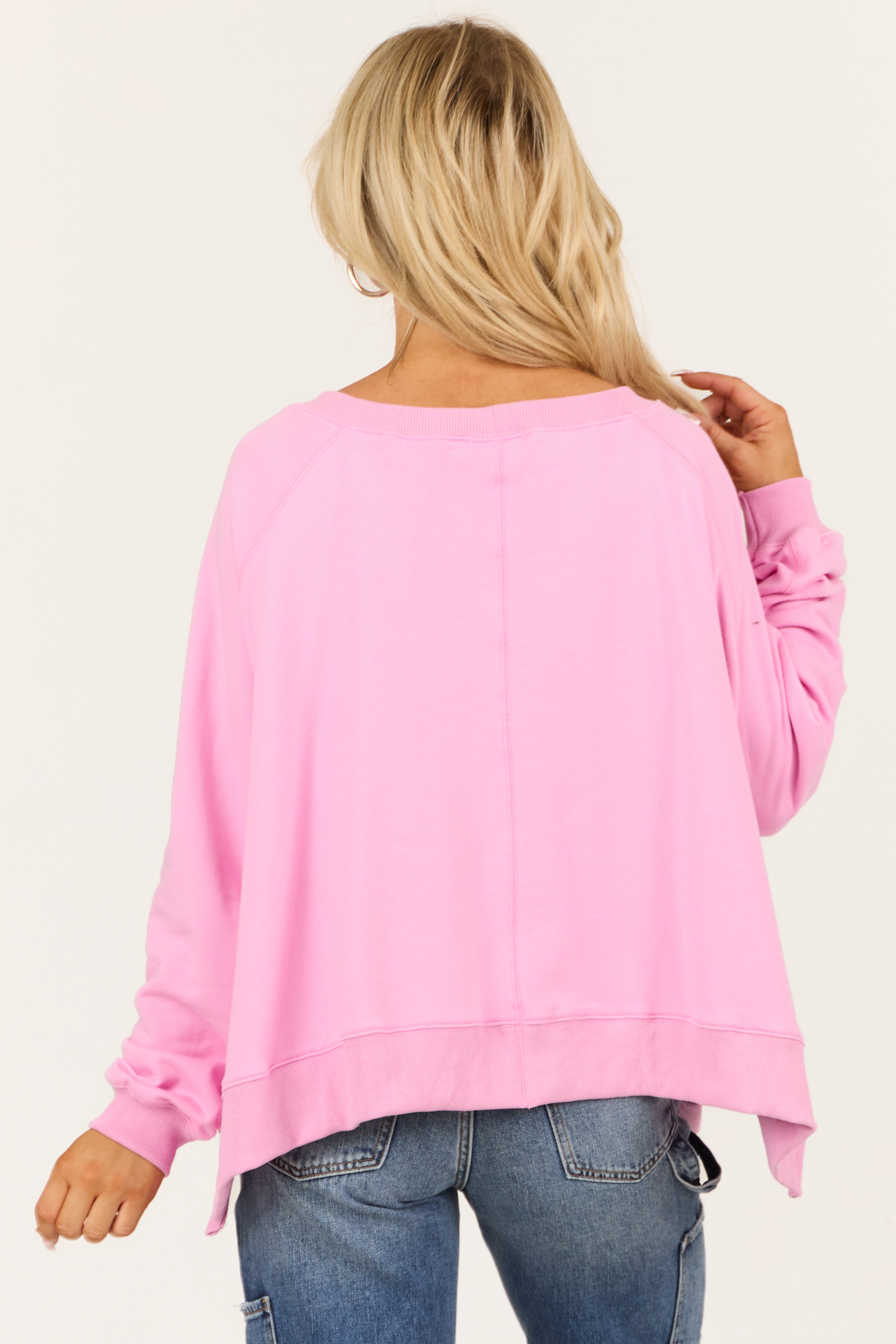 Baby Pink Terry Knit Banded Pullover Long Sleeve Top