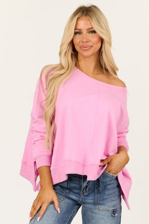 Baby Pink Terry Knit Banded Pullover Long Sleeve Top