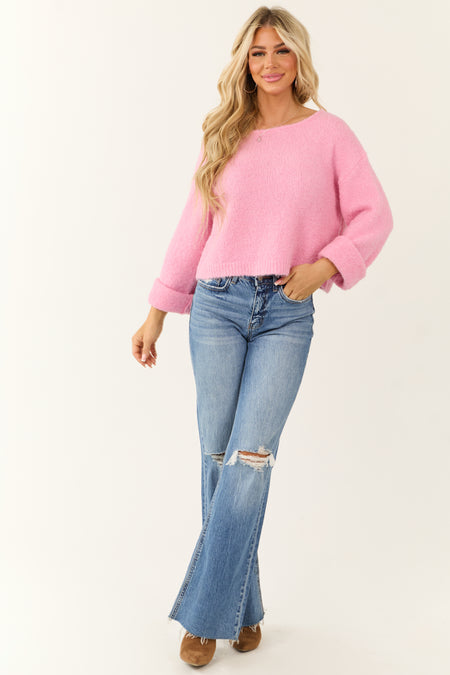 Baby Pink Textured Knit Boatneck Sweater