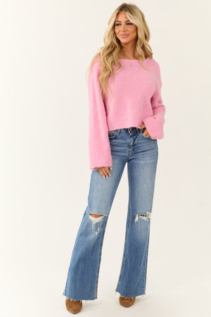 Baby Pink Textured Knit Boatneck Sweater