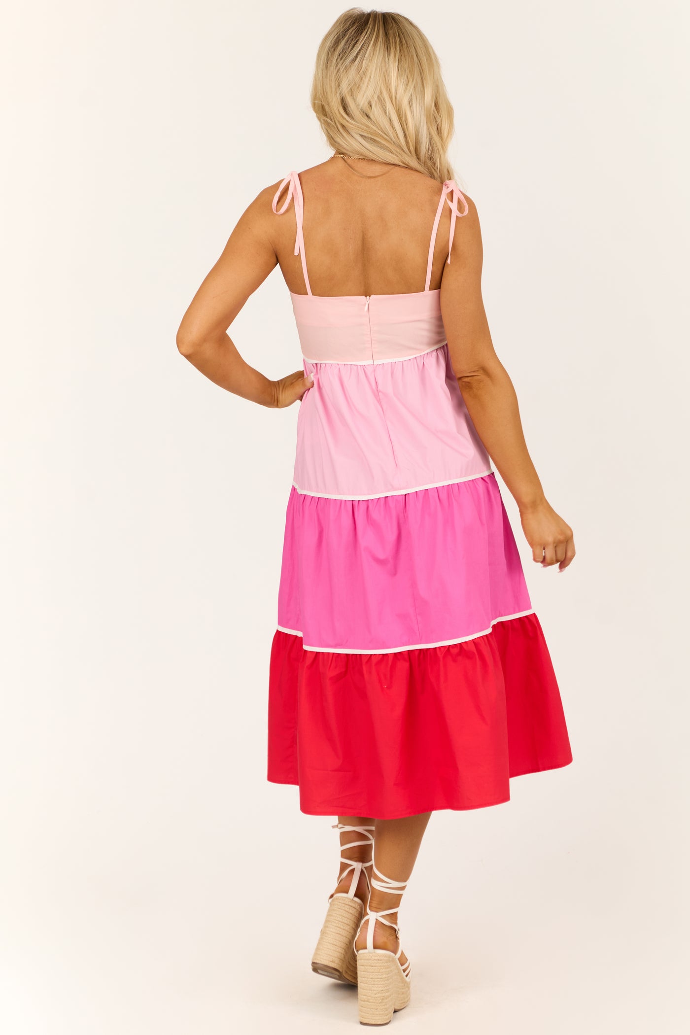 Baby Pink Tiered Colorblock Sleeveless Midi Dress