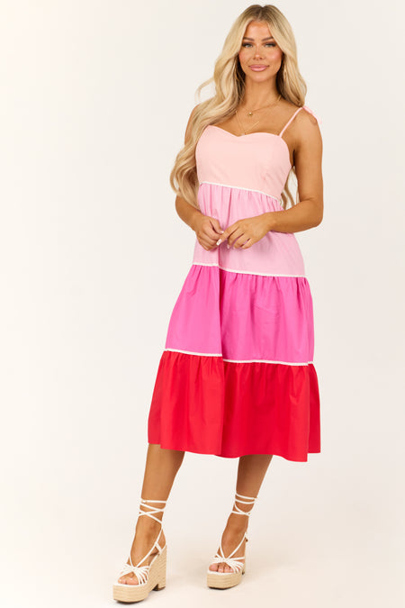 Baby Pink Tiered Colorblock Sleeveless Midi Dress