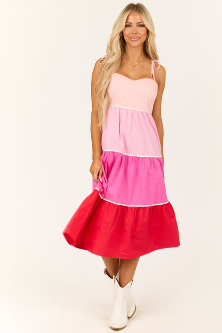 Baby Pink Tiered Colorblock Sleeveless Midi Dress