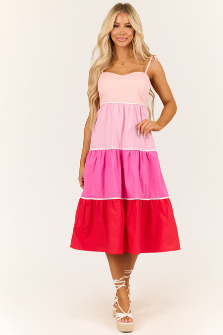 Baby Pink Tiered Colorblock Sleeveless Midi Dress