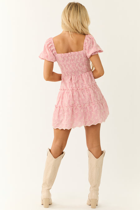 Baby Pink Tiered Eyelet Floral Pattern Mini Dress