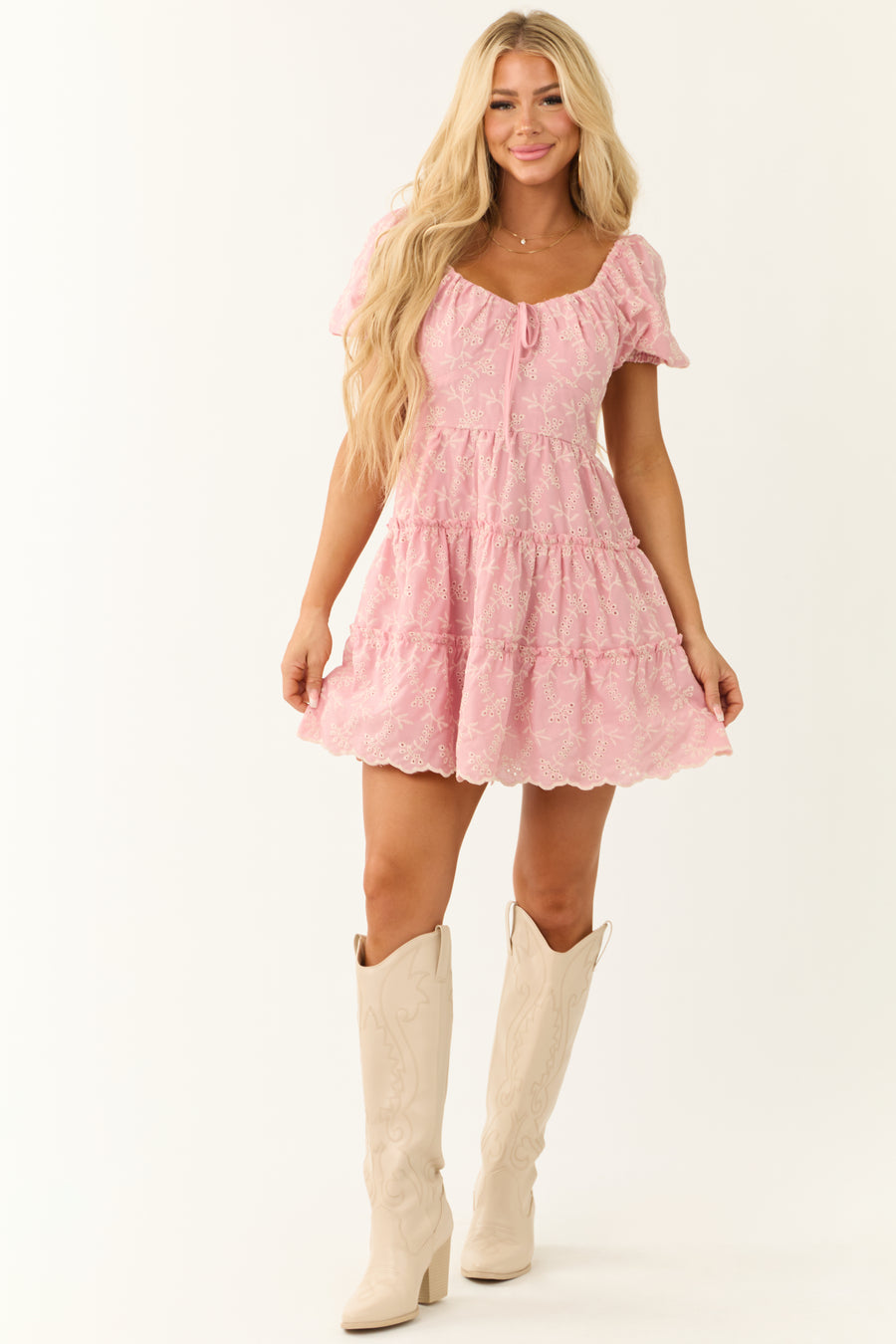 Baby Pink Tiered Eyelet Floral Pattern Mini Dress