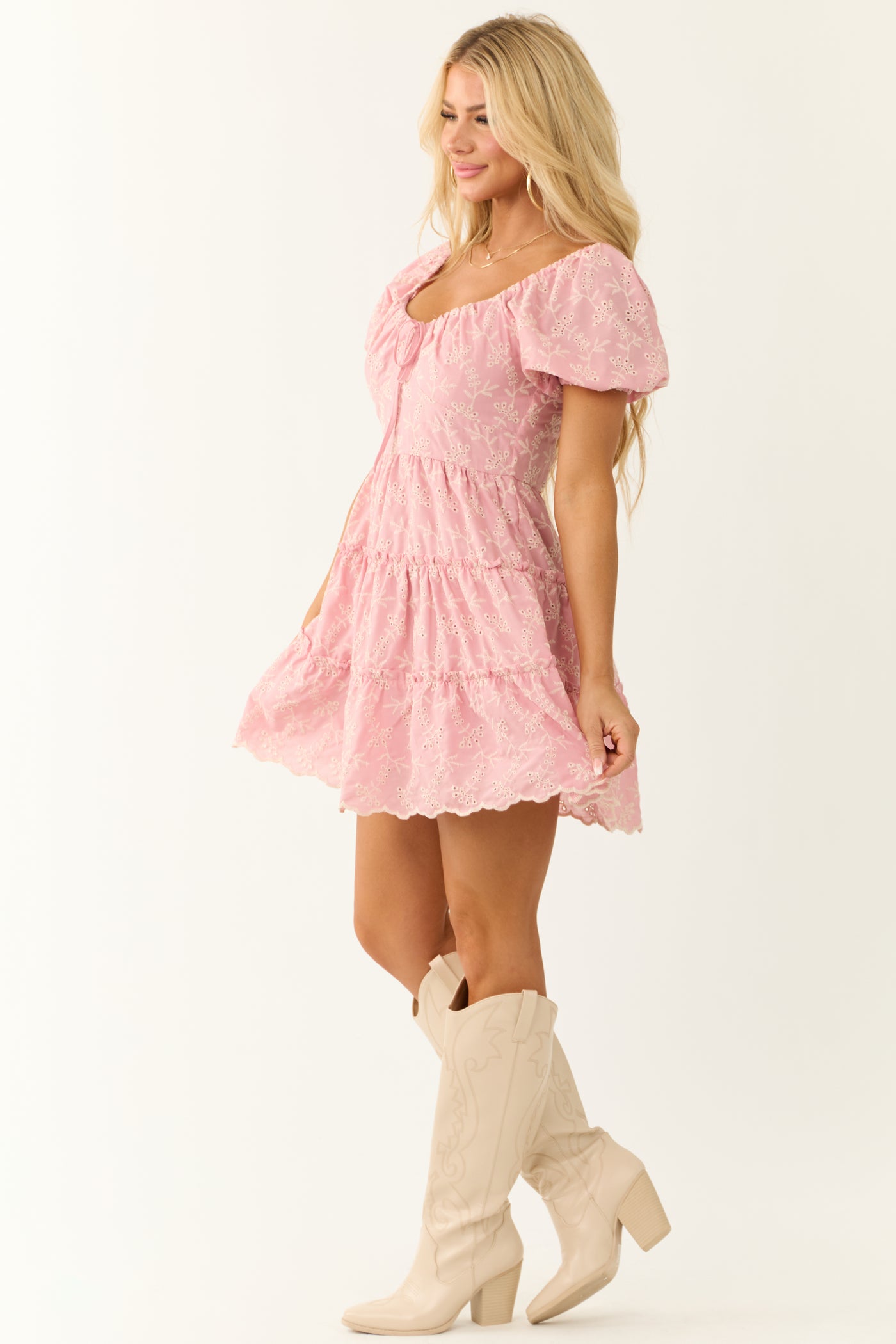 Baby Pink Tiered Eyelet Floral Pattern Mini Dress