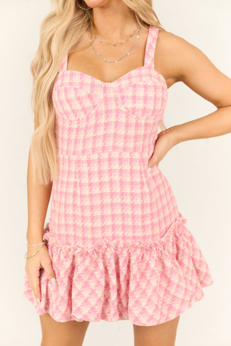 Baby Pink Tweed Plaid Bubble Hem Mini Dress