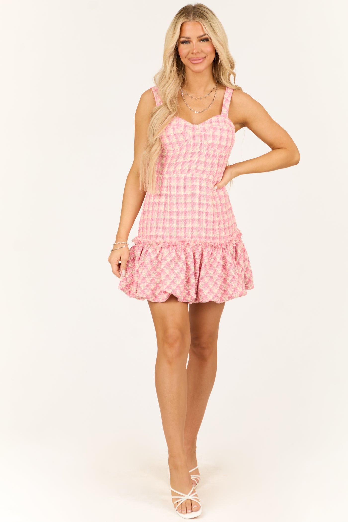 Baby Pink Tweed Plaid Bubble Hem Mini Dress