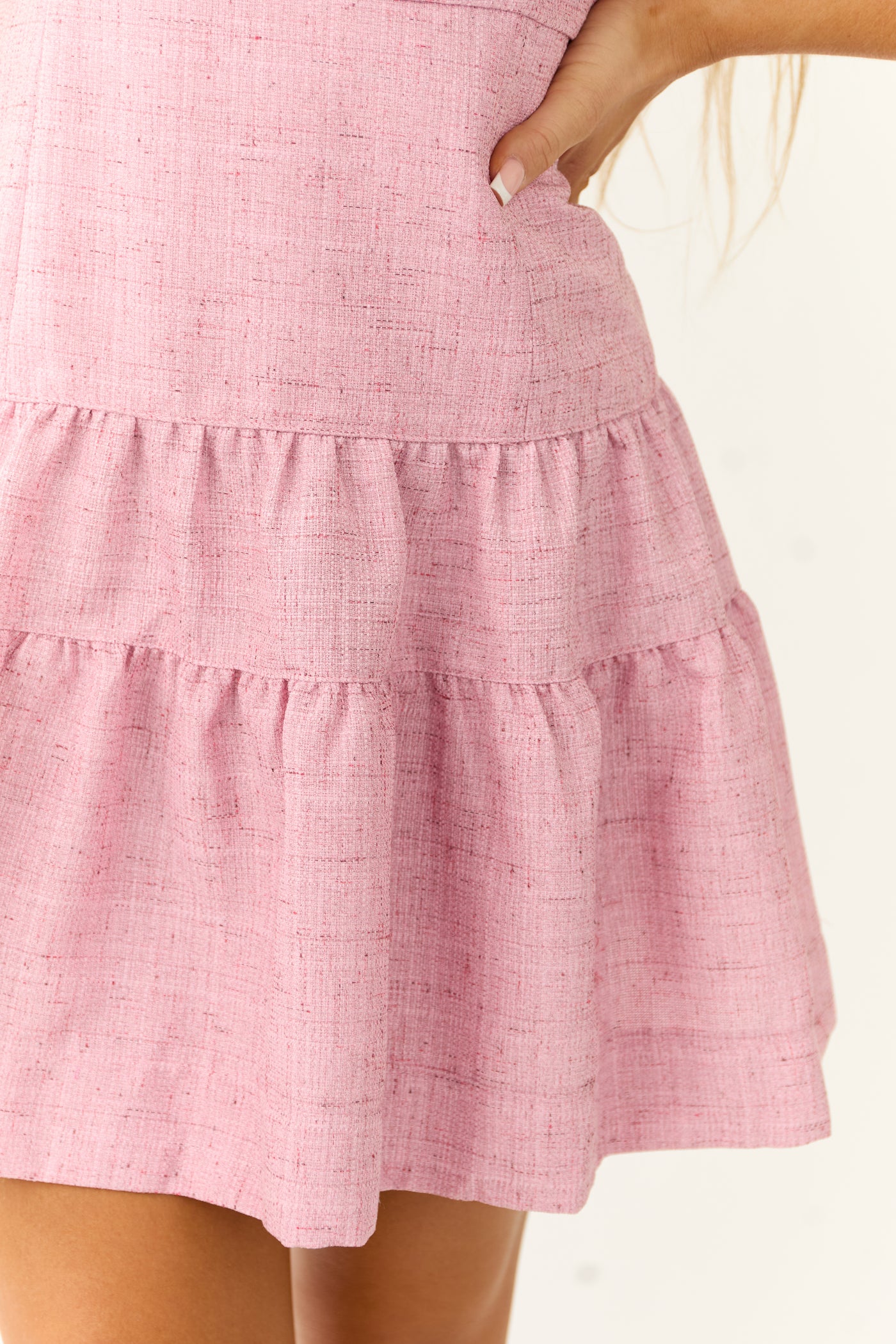 Baby Pink Tweed Tiered Sleeveless Short Dress