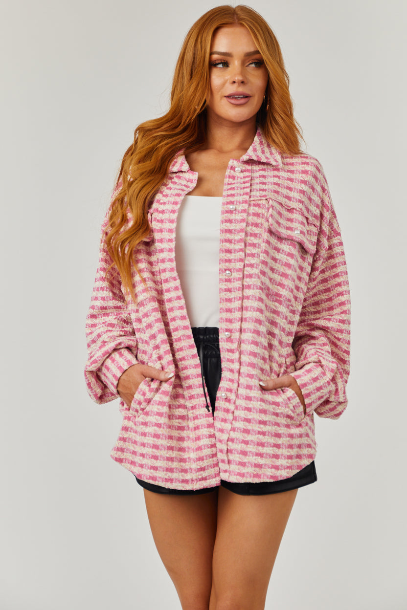 Baby Pink and Cream Gingham Pearl Button Up Shacket