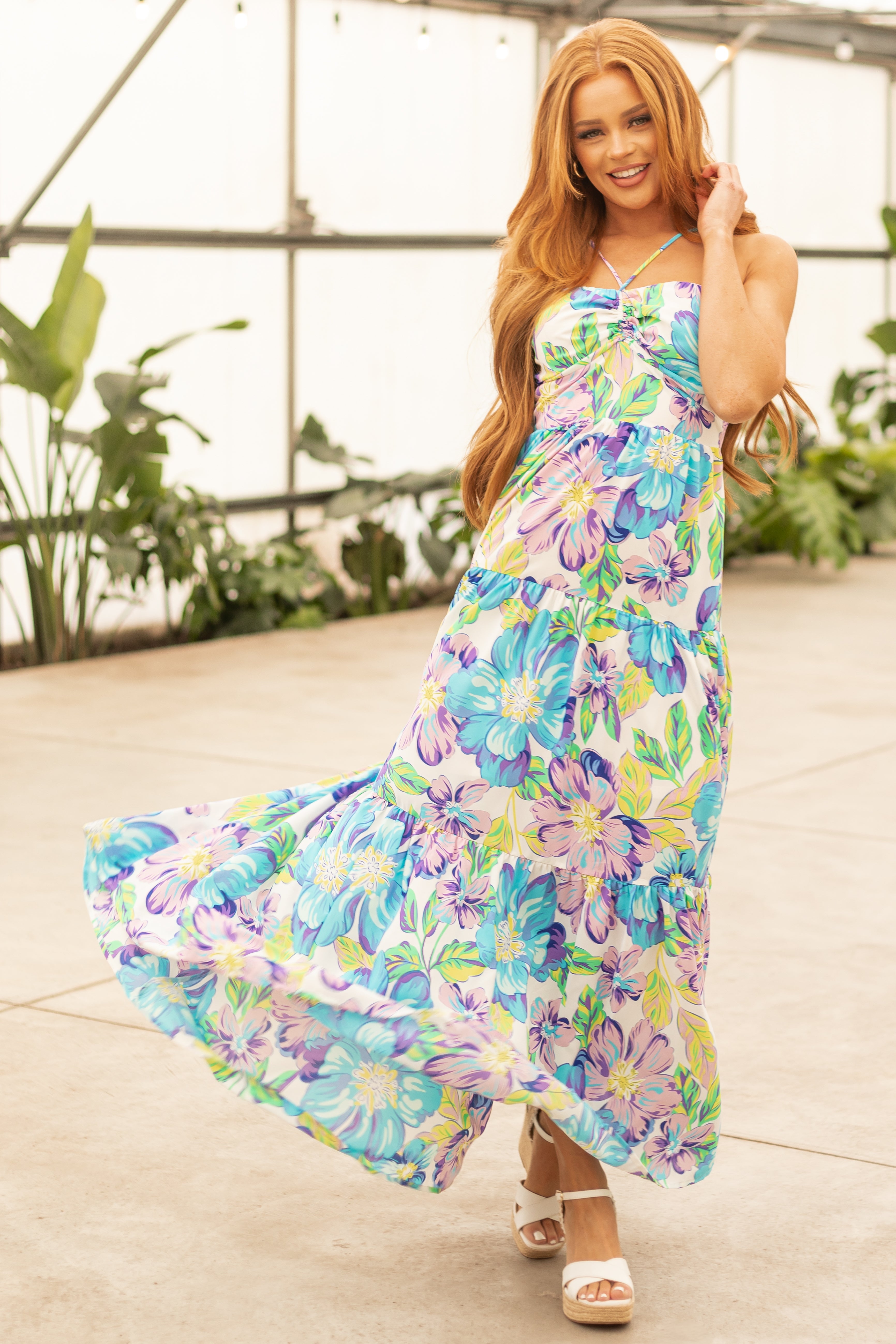 Baby Blue Floral Print Halter Neck Maxi Dress