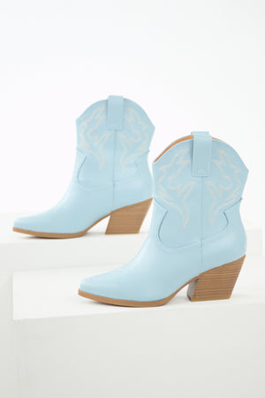 Baby Blue Western Stitching Detail Ankle Booties