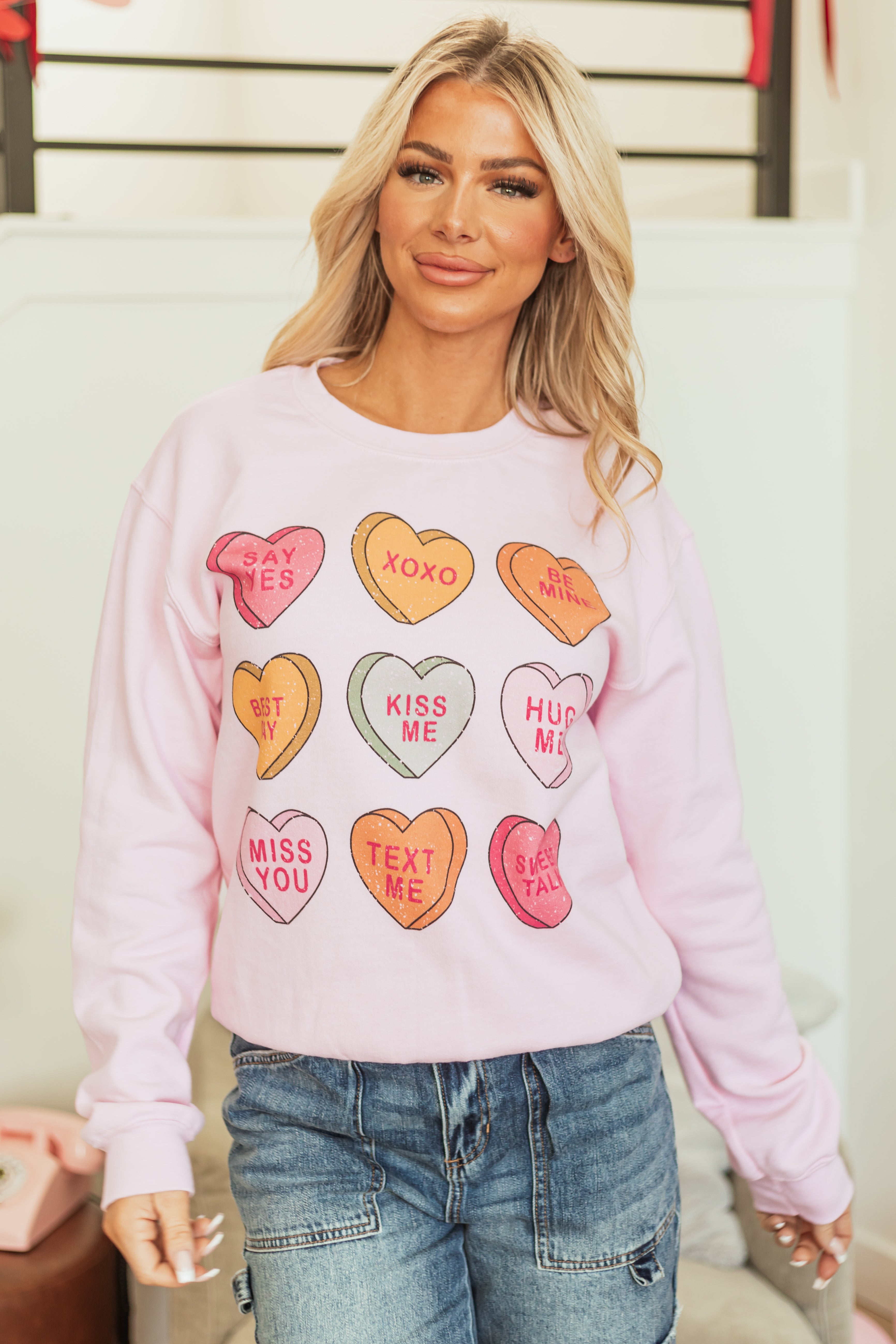 Baby Pink Candy Hearts Graphic Sweatshirt