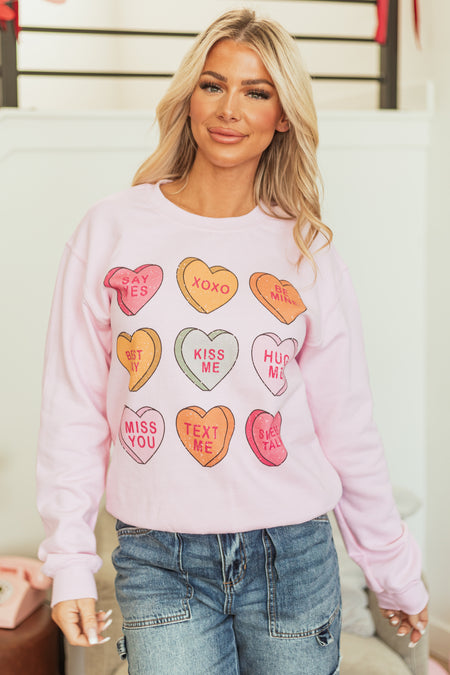 Baby Pink Candy Hearts Graphic Sweatshirt