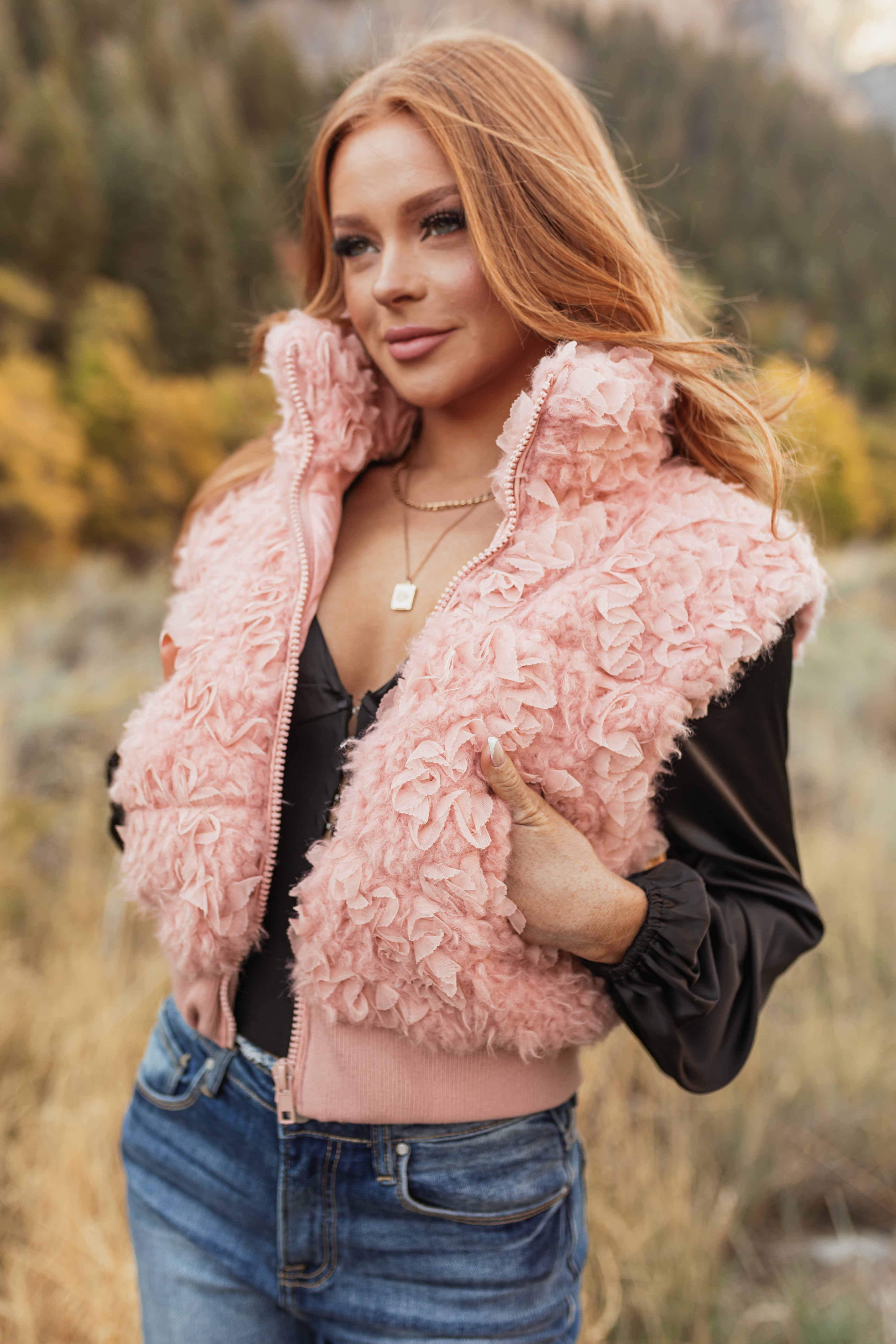 Baby Pink Faux Shearling Vest with Ruffle Detail