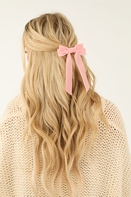 Baby Pink Solid Velvet Clip On Bow