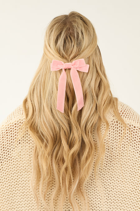 Baby Pink Solid Velvet Clip On Bow