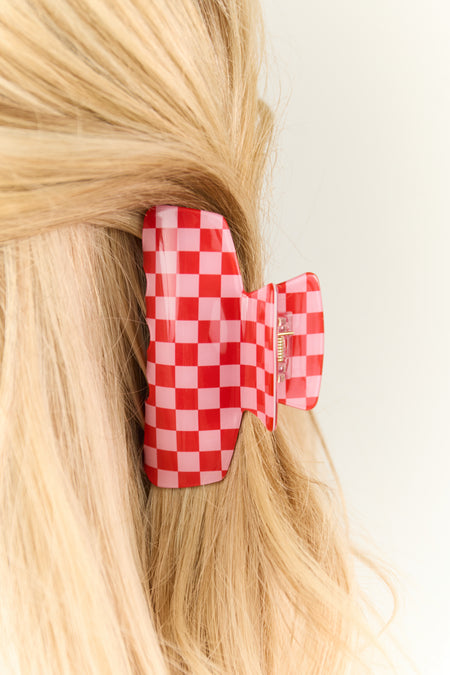 Baby Pink and Ruby Checkered Pattern Claw Hair Clip