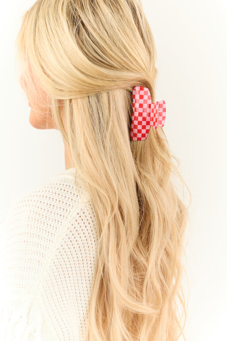 Baby Pink and Ruby Checkered Pattern Claw Hair Clip