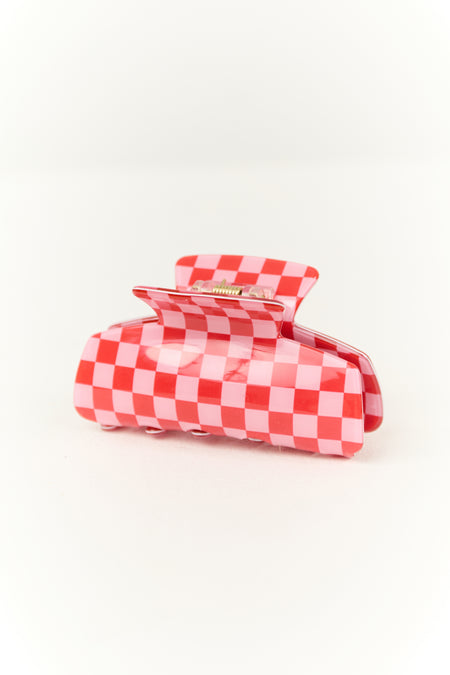 Baby Pink and Ruby Checkered Pattern Claw Hair Clip