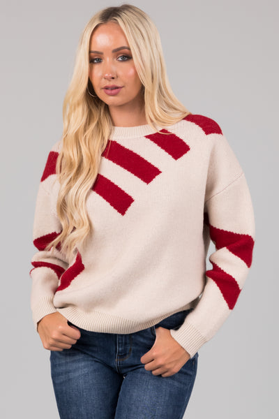 Beige Asymmetrical Stripe Long Sleeve Sweater | Lime Lush