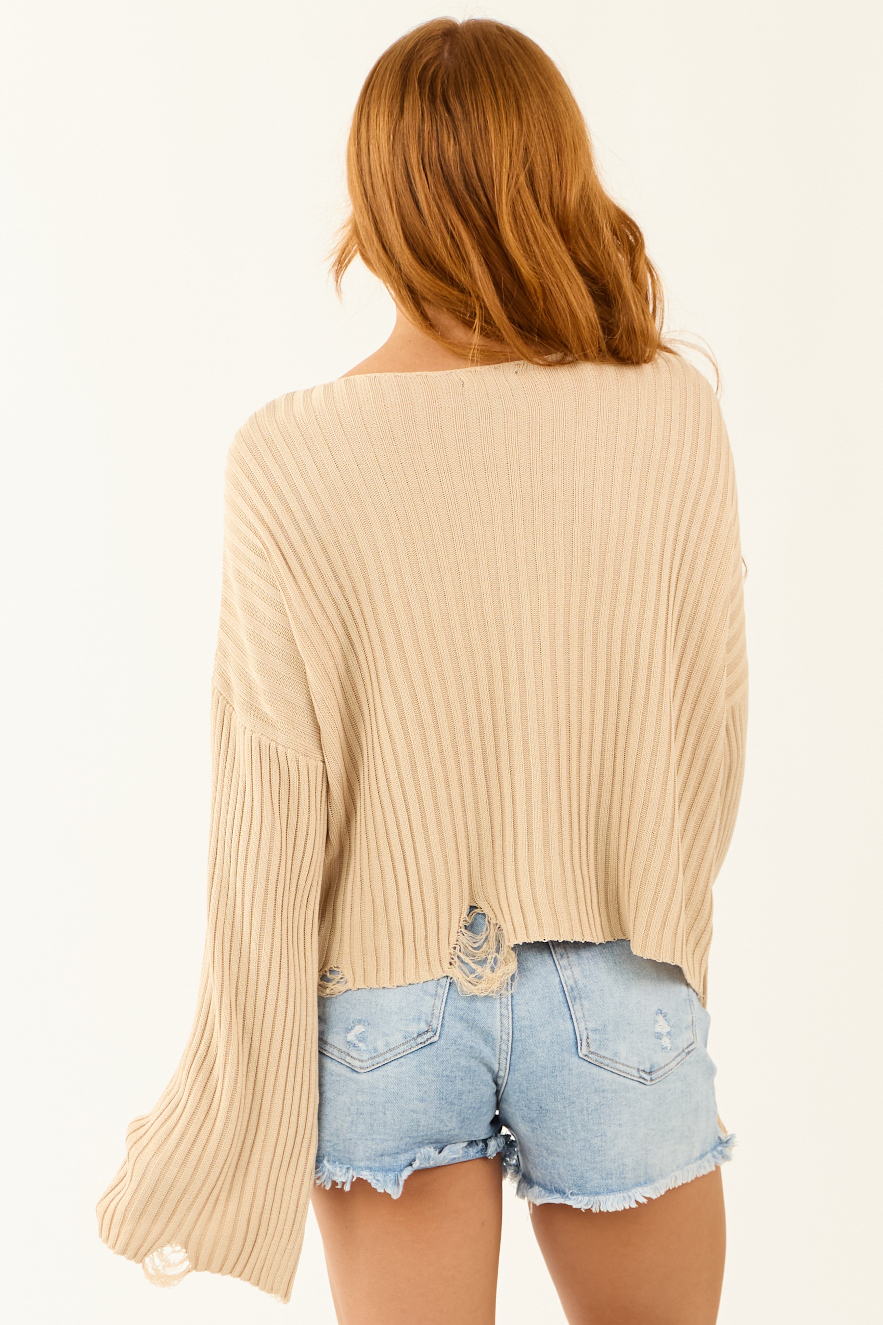 Beige Boatneck Distressed Flare Sleeve Sweater