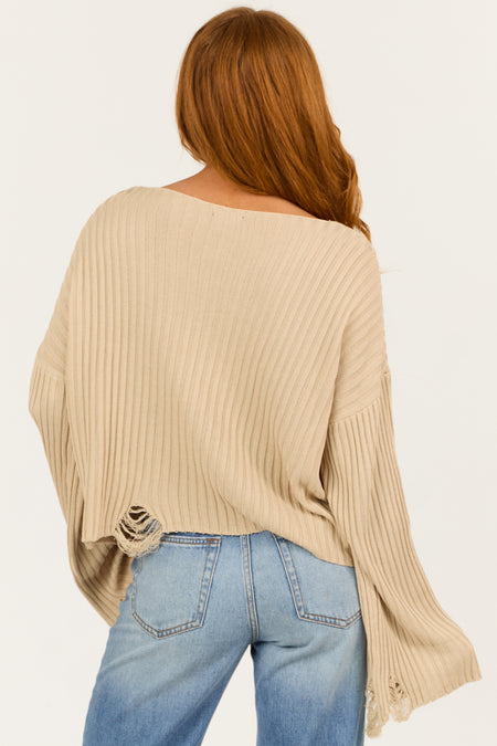 Beige Boatneck Distressed Flare Sleeve Sweater