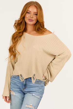 Beige Boatneck Distressed Flare Sleeve Sweater