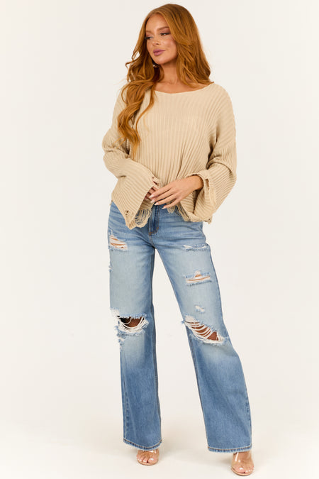 Beige Boatneck Distressed Flare Sleeve Sweater