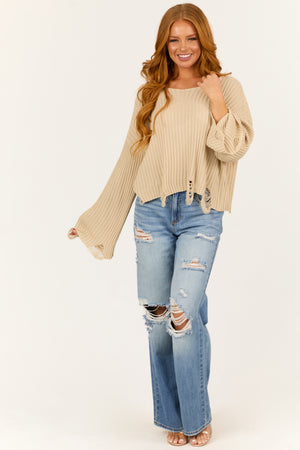 Beige Boatneck Distressed Flare Sleeve Sweater