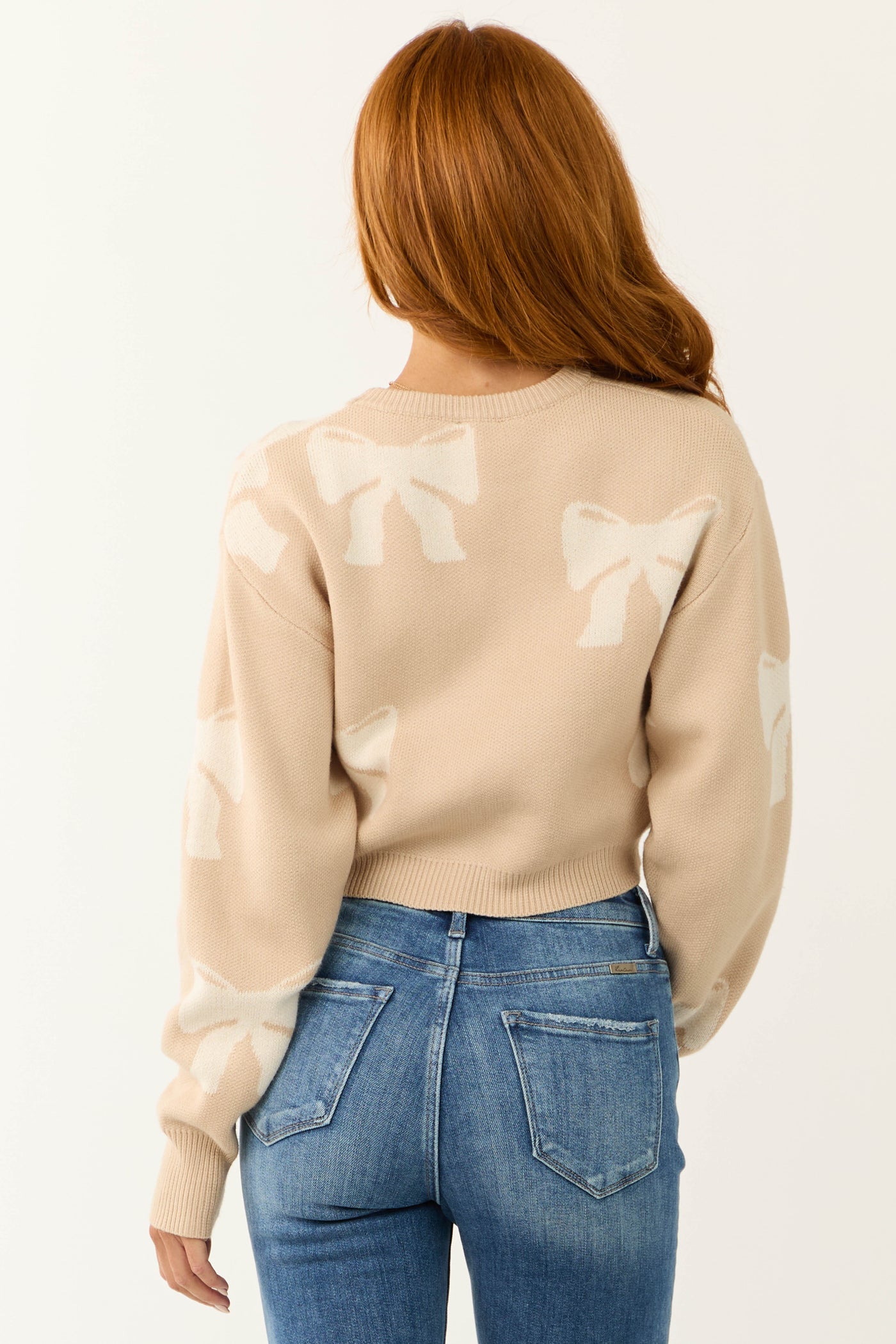 Beige Bow Print Cropped Sweater