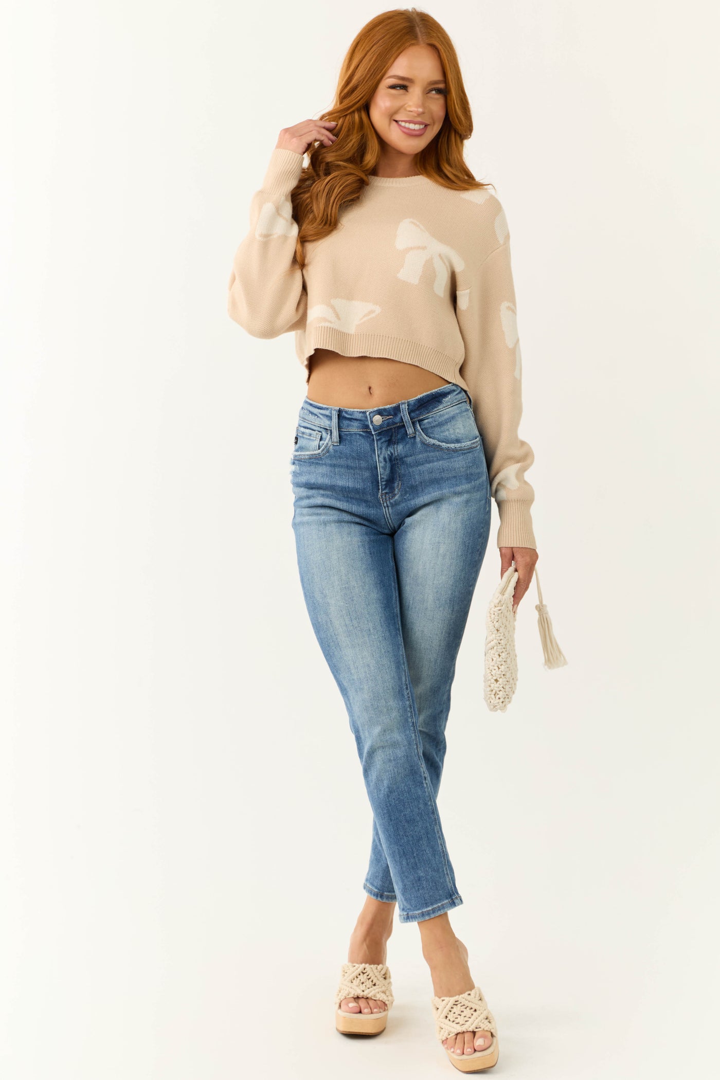 Beige Bow Print Cropped Sweater