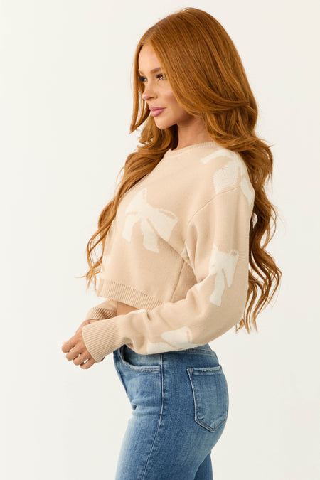 Beige Bow Print Cropped Sweater