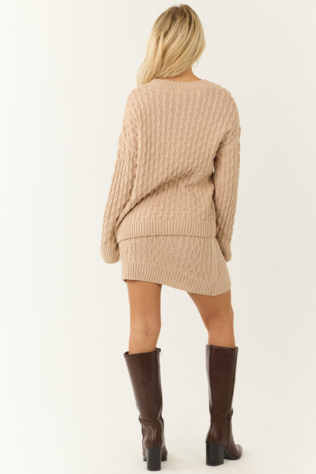 Beige Cable Knit Sweater and Button Skirt Set