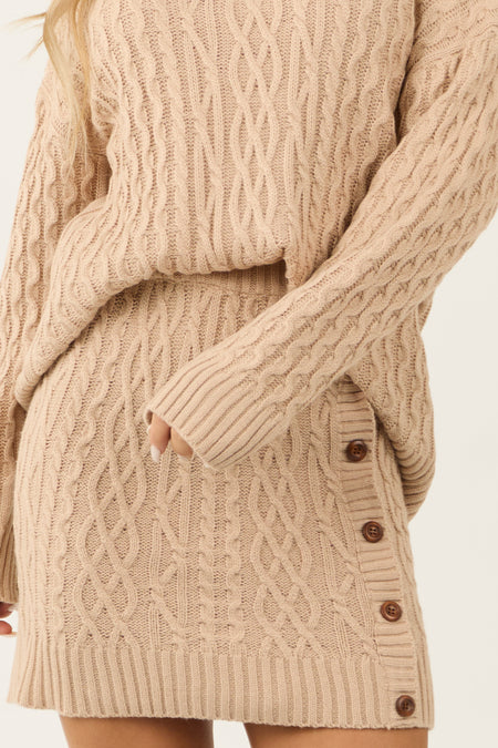 Beige Cable Knit Sweater and Button Skirt Set