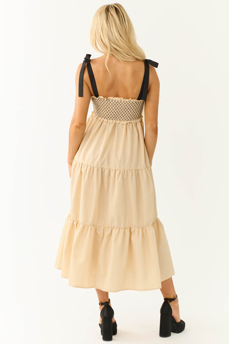 Beige Contrast Smocked Ribbon Strap Midi Dress