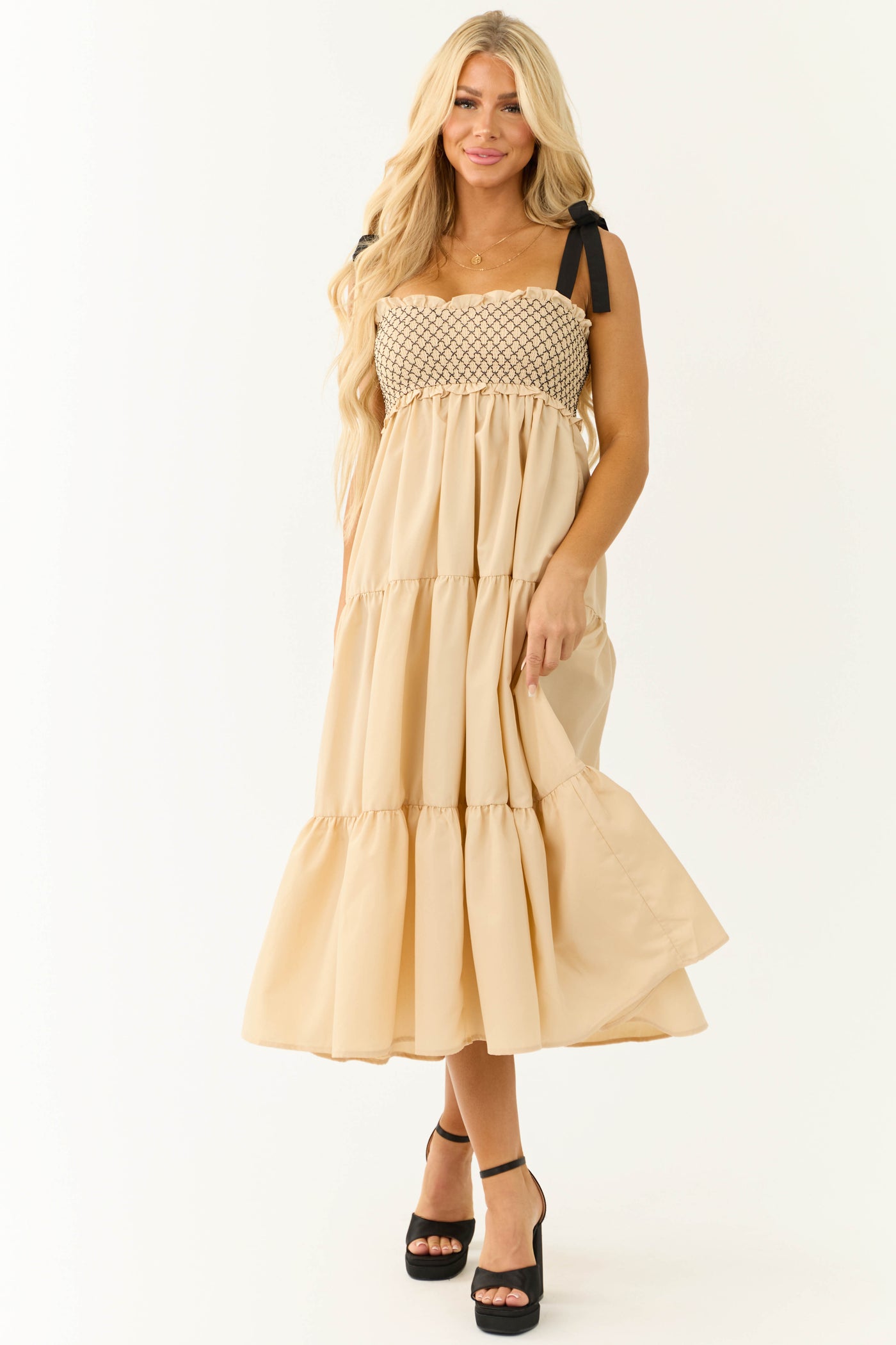 Beige Contrast Smocked Ribbon Strap Midi Dress