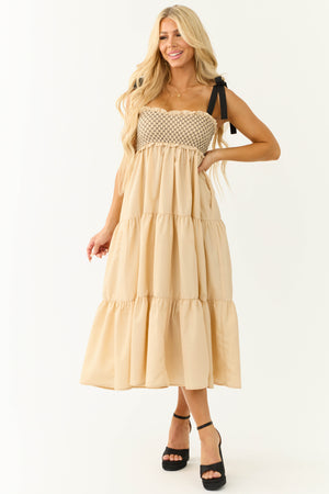 Beige Contrast Smocked Ribbon Strap Midi Dress