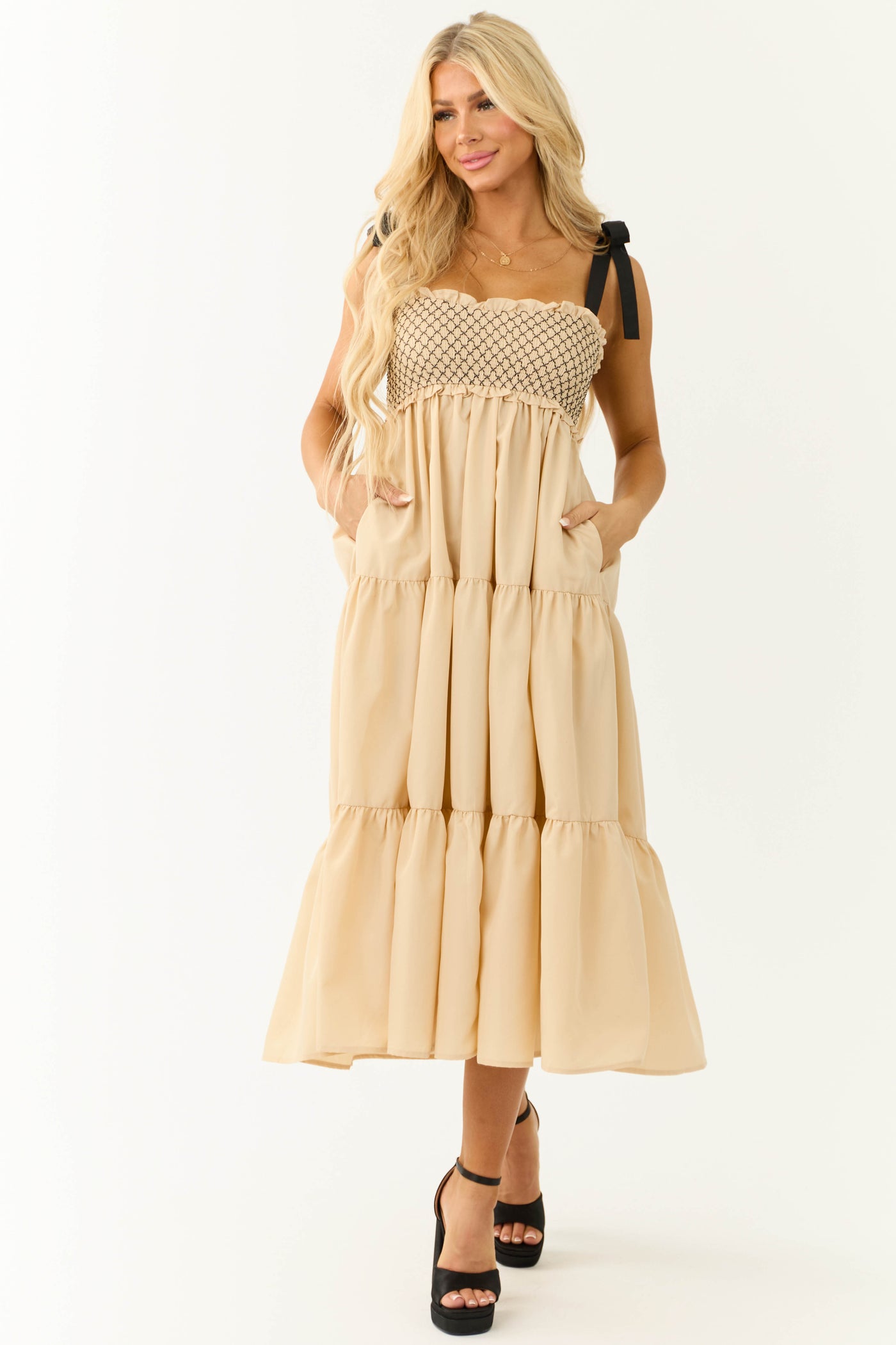 Beige Contrast Smocked Ribbon Strap Midi Dress