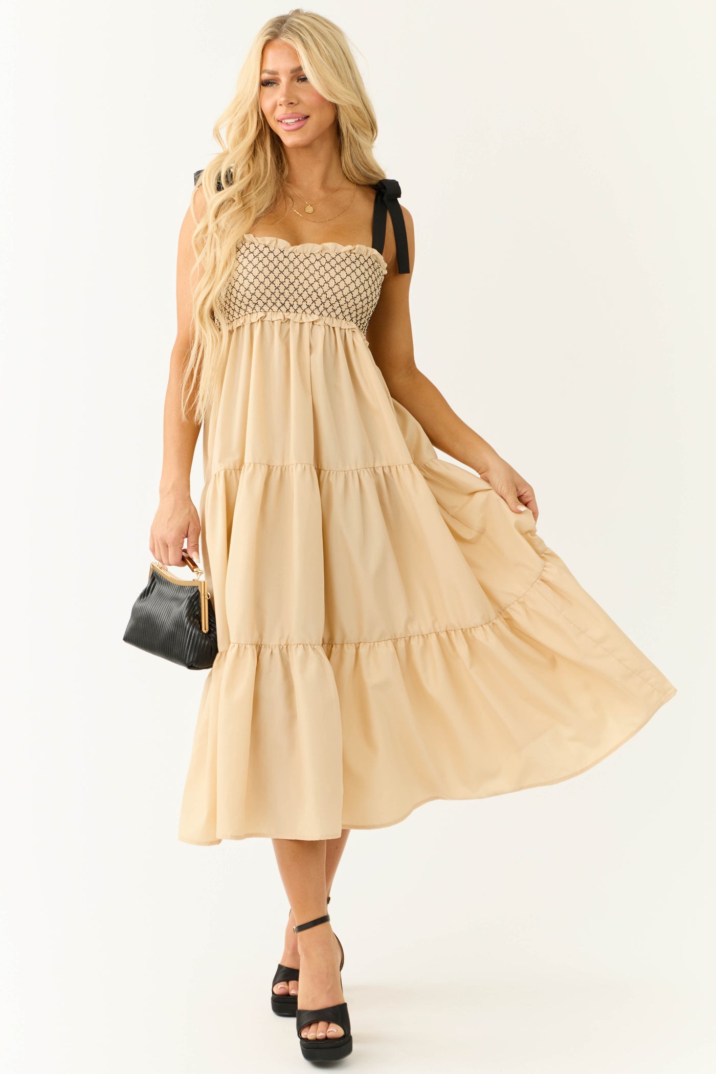 Beige Contrast Smocked Ribbon Strap Midi Dress