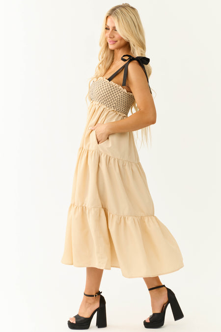 Beige Contrast Smocked Ribbon Strap Midi Dress