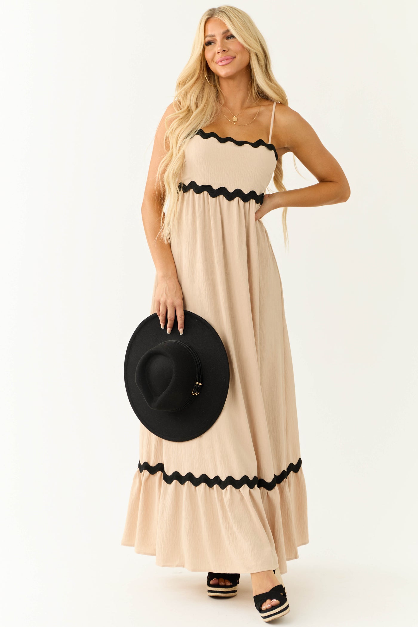 Beige Contrast Trim Sleeveless Maxi Dress