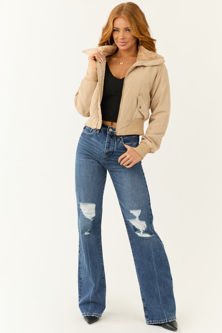 Beige Faux Fur Padded Zip Up Cropped Jacket