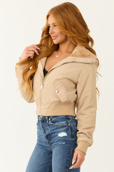 Beige Faux Fur Padded Zip Up Cropped Jacket